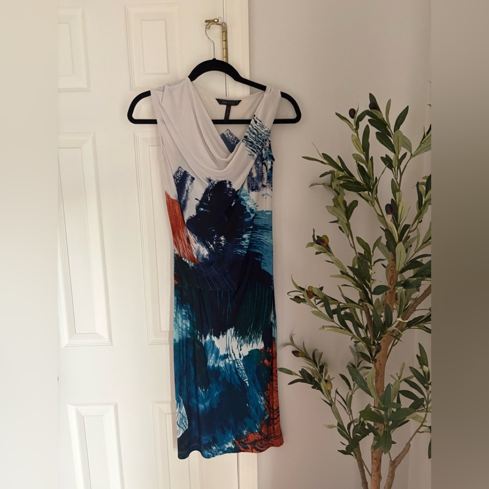 BCBGMaxAzria Cream Dress with Teal and Deep Blue Abstract Accents XS
